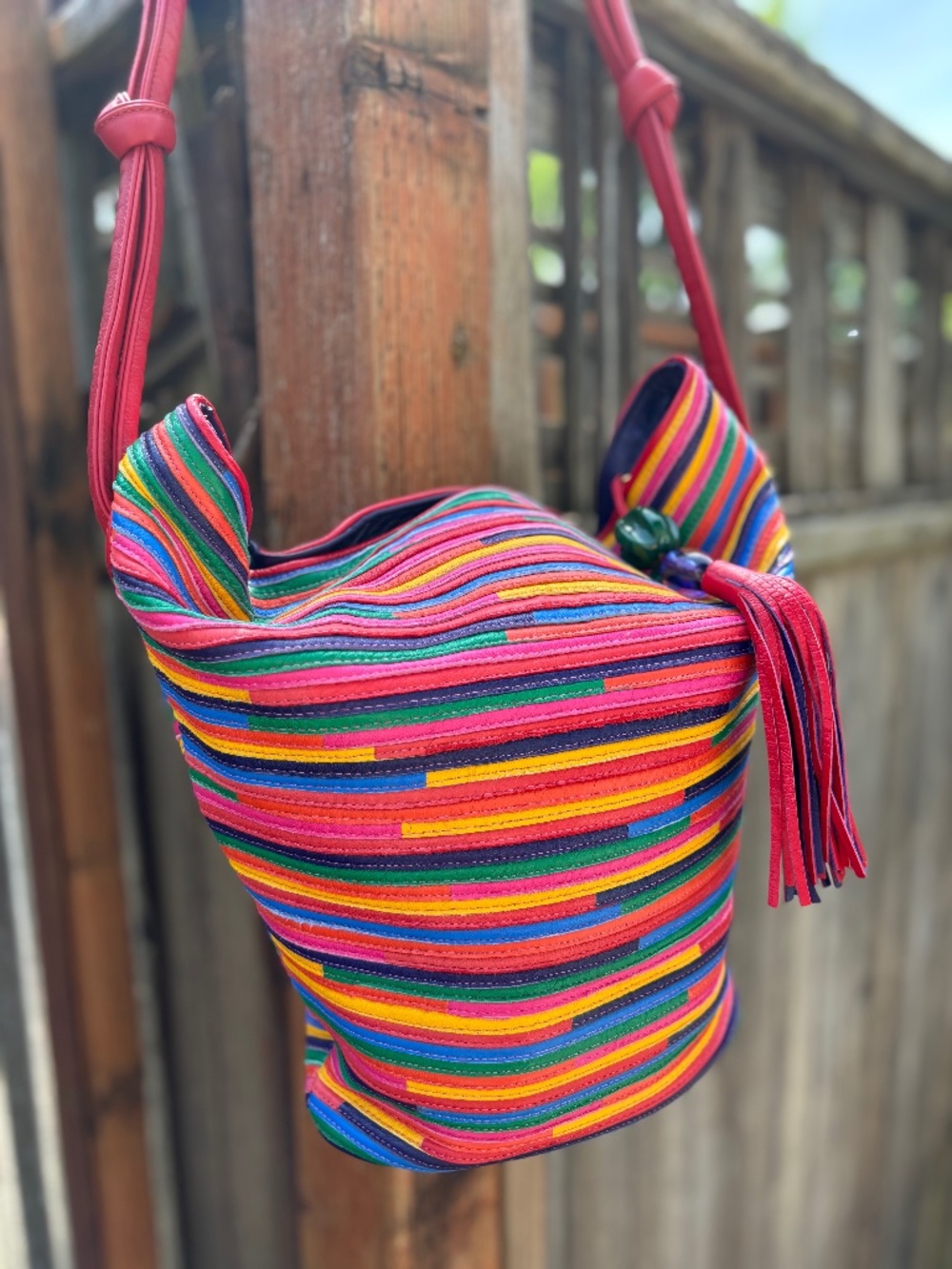 Vintage Sharif Striped Rainbow Leather Bucket Bag, Tassel Charm, USA 80s